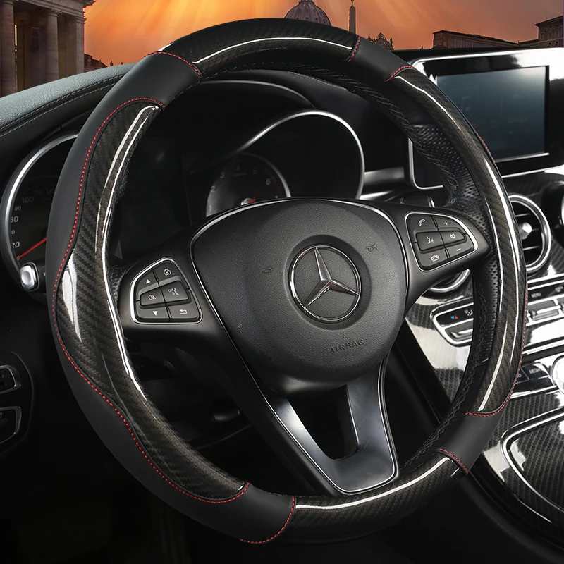 

KKYSYELVA New Leather Car Steering Wheel Cover Red 38cm Diameter Universal Size Car inner accessories Auto wheel covers