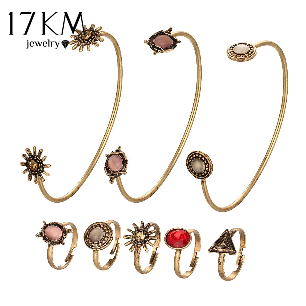 

17KM Vintage Sun Flower Jewelry Sets For Woman Open Cuff Bangles Adjustable Rings Geometric Jewelry Set Female Boho Jewellery