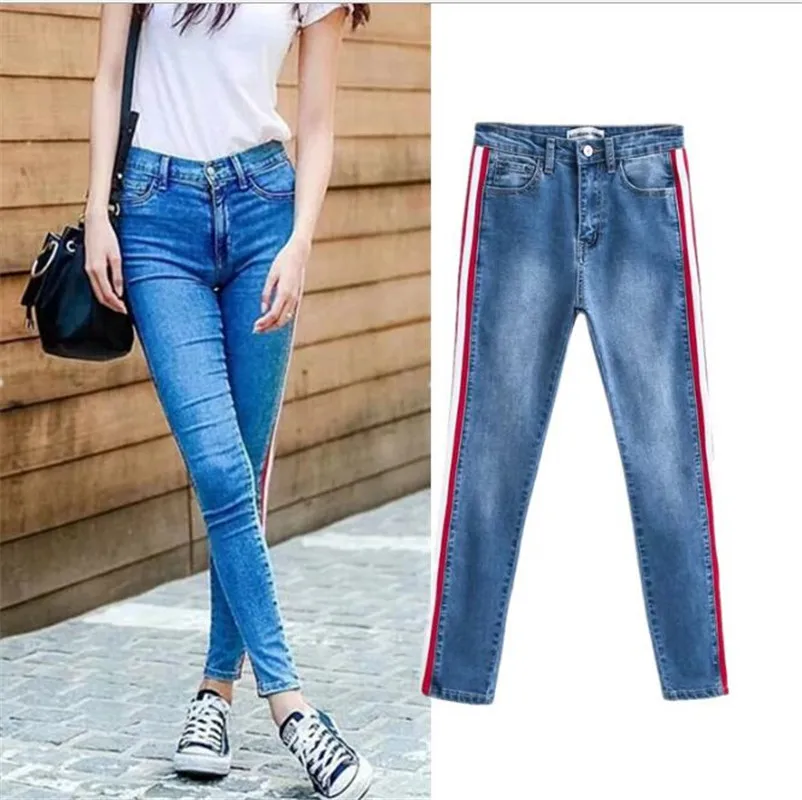 Женские джинсы до щиколотки с высокой талией, в полоску сбоку, в стиле пэчворк, обтягивающие джинсы, подходят ко всему, повседневные брюки, Короткие облегающие зимние сапоги, джинсы