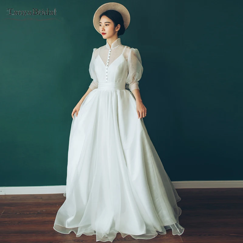 

Tea Length Hepburn Style Wedding Dresses Vintage Button High Neck Bridal Gowns Fashion Summer Beach Noivas DW070