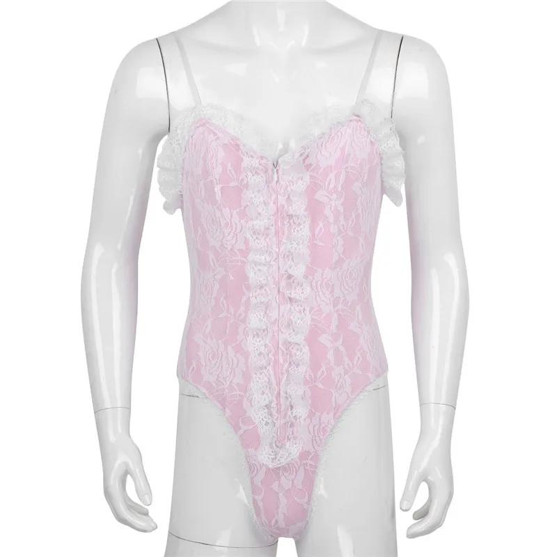 Мужское нижнее белье Homme Sissy цельное на тонких бретельках Кружевное боди с рюшами