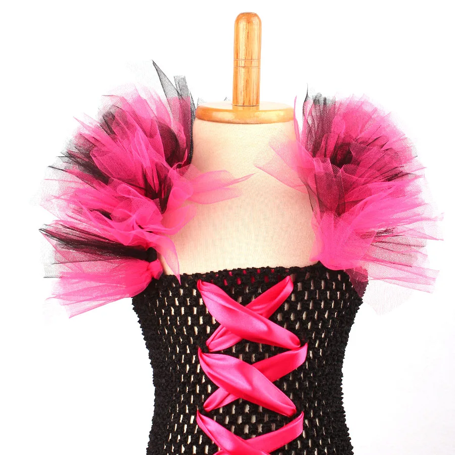 Halloween Girl Witch Hot Pink Black Cosplay Tutu Dress Knee Length Evening Party Dress Kids Holidays Tutus Purim Dress (12)