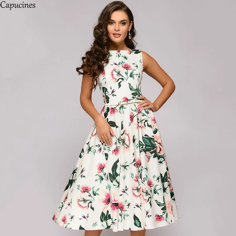 

Capucines Vintage Elegant White Print Sleeveless Dress 2019 Summer Woman Round Collar Casual Party Midi Dress (No Belt)