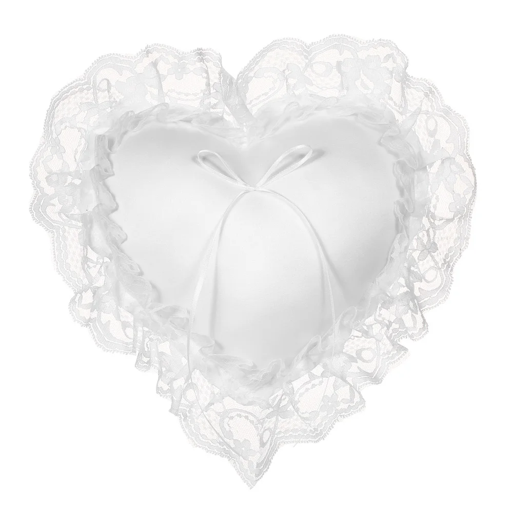 Romantic Wedding Ring Pillow Heart Pillow White Lace Satin Heart Wedding Ring Bearer Pillow for