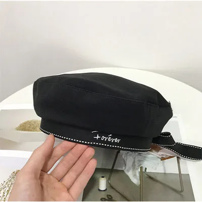 Fashion Cotton Beret Hat Women Ribbon Bow Letter Embroidery Cap Female Ladies Beanie Beret Sweet Girls For Autumn Winter - Цвет: black