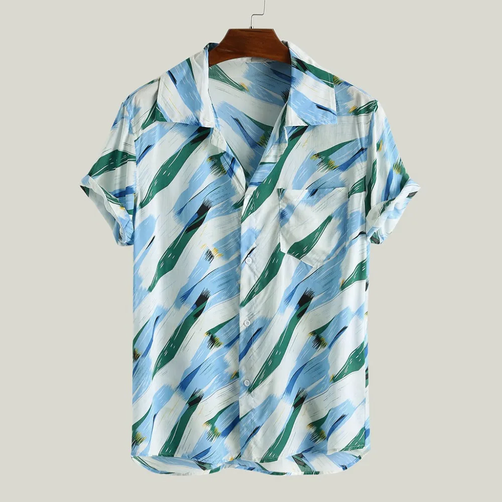 2019 men's casual vacation T-shirt printed button comfortable plus size shirt men short sleeve breathable top shirt luxury 40J6 (1)