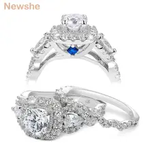 Newshe 2 Pcs Halo 925 Sterling Silver Wedding Rings For Women 1.5 Ct Round Pear Cut AAA CZ Classic Jewelry Engagement Ring Set