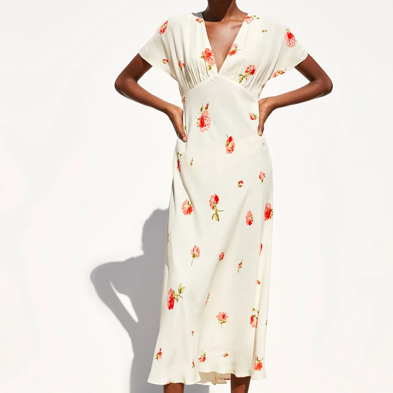 

Floral Printed Long Dresses Women Fashion Short Sleeve Dress Women Elegant Sexy Deep V Neck Dress Female Ladies DG14