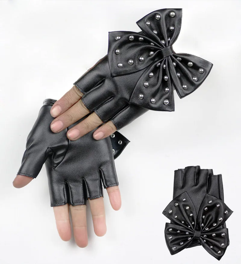 Длинные женские кожаные перчатки, черные перчатки без пальцев из искусственной кожи, варежки с большим бантом, женские перчатки для танцев, SXJ81