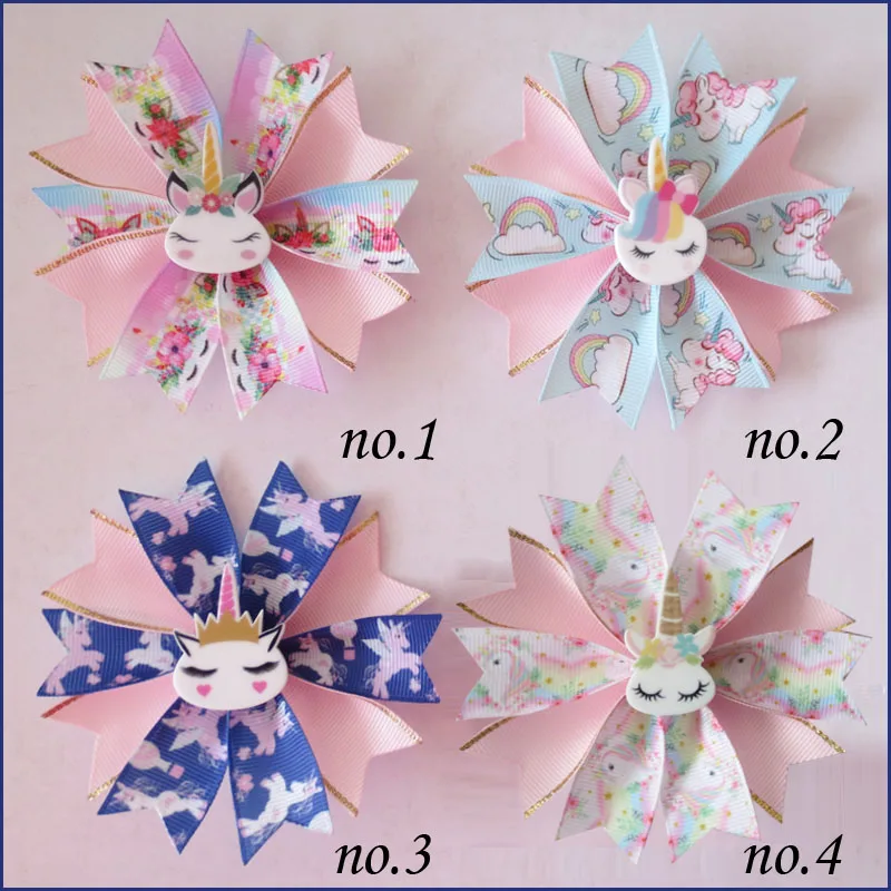 100 BLESSING Girl Popular 3.5/" Fairy Hair Bow Clip Unicorn Rainbow Flower Baby
