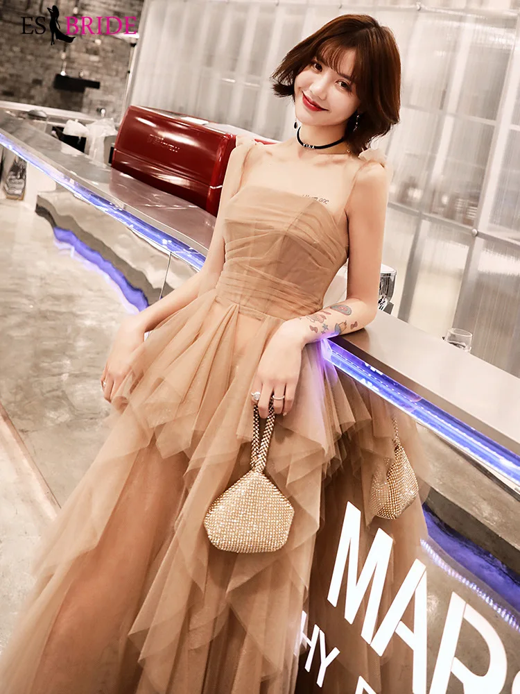 Luxury Champagne Evening Dresses Long Sexy Sleeveless Evening Dress Arabic 2019 Student Party Formal Dress Women Elegant ES2421