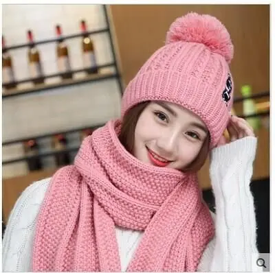 Комплект из 2 предметов, зимняя шапка и шарф для женщин, зимние вязаные шапочки шерстяные женские зимние шапки, Повседневная одноцветная шапка и шарф - Цвет: pink Long scarf hat