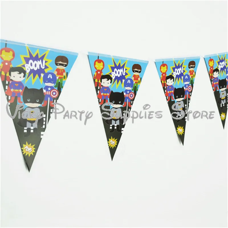 

10pcs/lot Cartoon Batman Super-man Super Hero Flag Pennant Banner Birthday Baby Shower Flag Paper FlagParty Tableware Suppliers