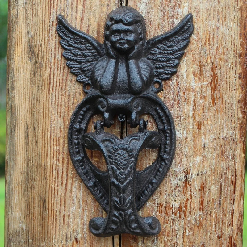 

Black Angel Cast Iron Door Knocking Handle European Vintage Home Garden Decor Fairy Figurines Design Handmade Metal Door Pulls