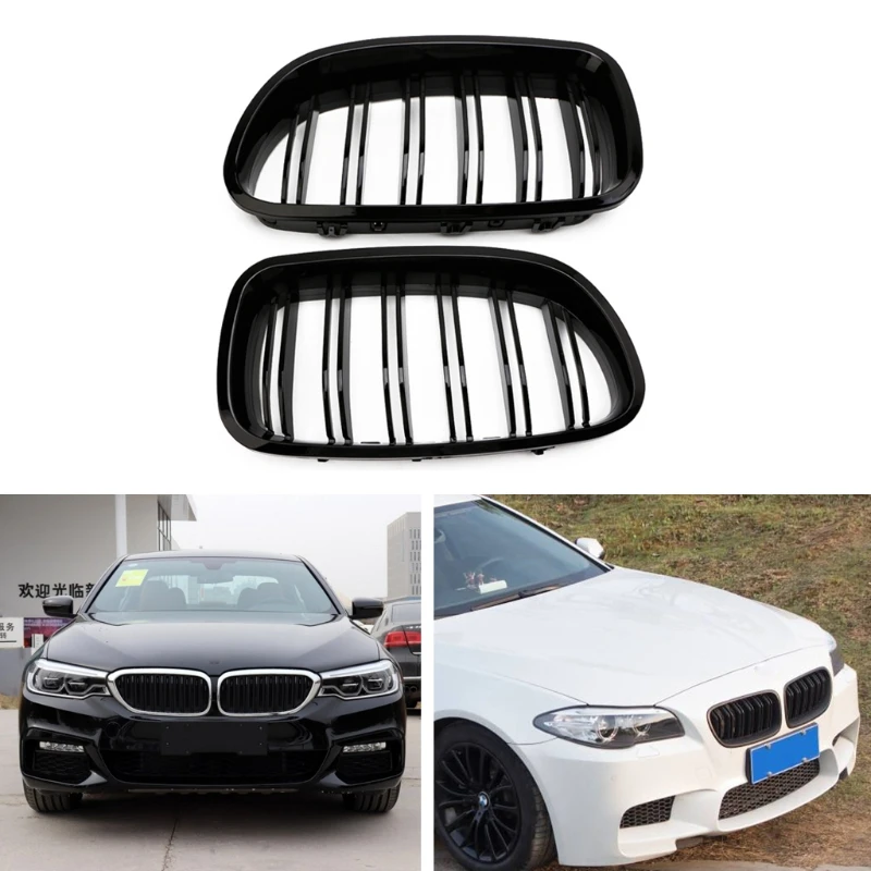 Best 1 Pair New Gloss Black Kidney Grill Racing Grille Dual Line For BMW F10 F11 F18 5 Series M5
