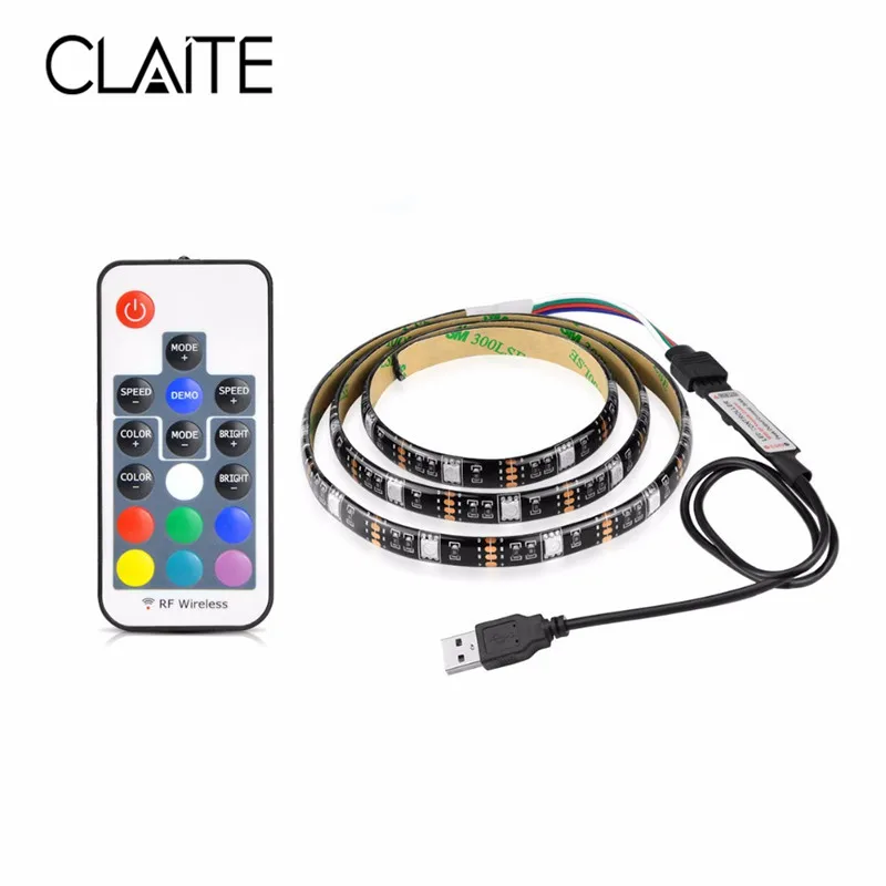 CLAITE 1 м USB Светодиодные ленты 5050 Водонепроницаемый RGB светодиодный свет с 17Key RF дистанционный комплект для ТВ фонового освещения DC 5 V