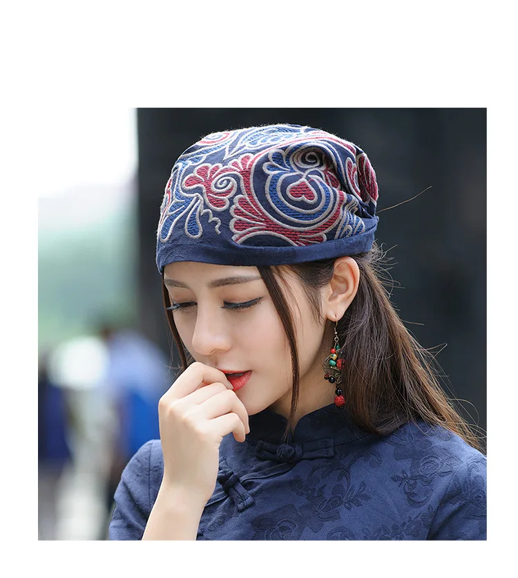 Винтажные 70 s мексиканские женские шапки Кепка вышивка повседневные Хлопковые вязаные шапки банданы Этническая маска Тюрбан шляпа - Цвет: Синий