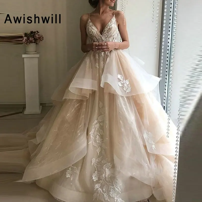 

New Arrival Champagne Long Evening Dresses Lebanon Tulle Appliques A-line Backless Evening Gowns Custom Made Abendkleider 2019