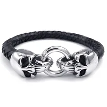 Jewelry Men’s Bracelet, Braided Gothic Skull Cuff, Leather Stainless Steel, Black Silver