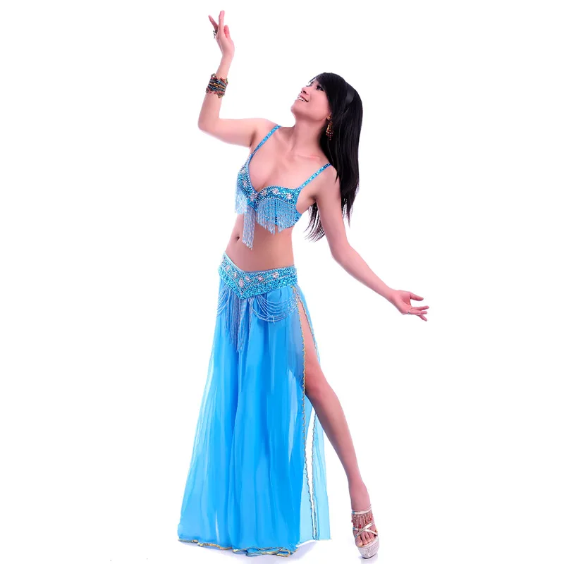 Сексуальный костюм для танца живота Профессиональный Bellydance платье одежда 2 щелевая Расширенная полная юбка представление костюм: бюстгальтер и пояс и юбка - Цвет: Light blue