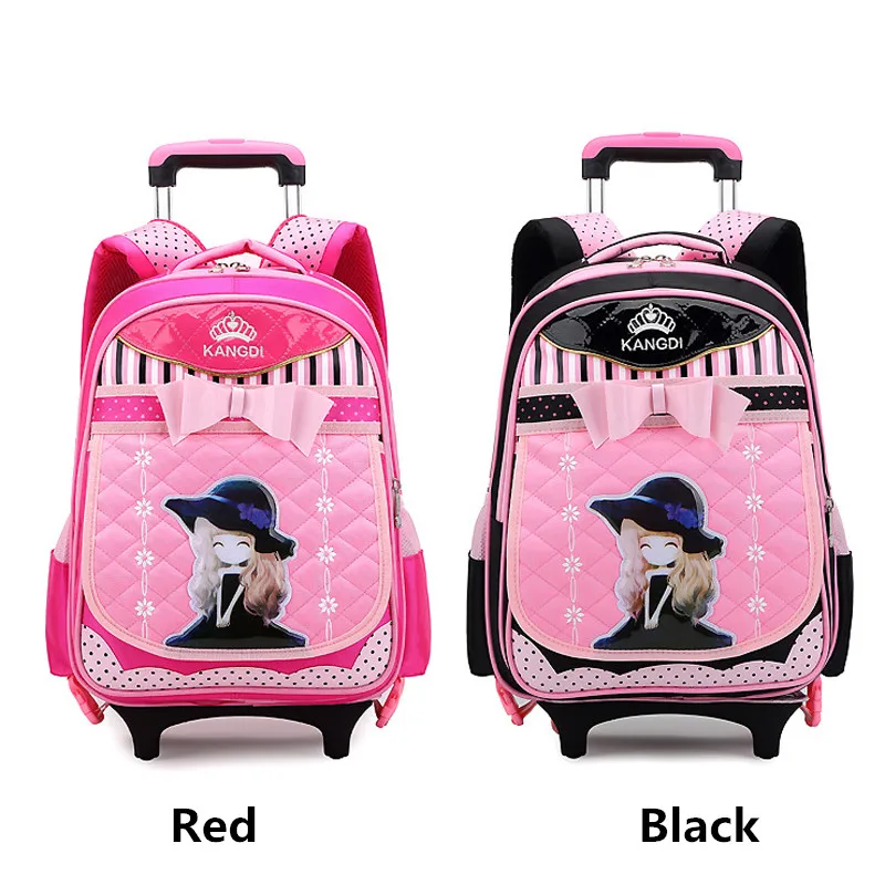 Hello Kitty Girls School Backpacks With Wheels High Quality Nylon Kids Removable Trolley School Bag 30L Red Black Colors