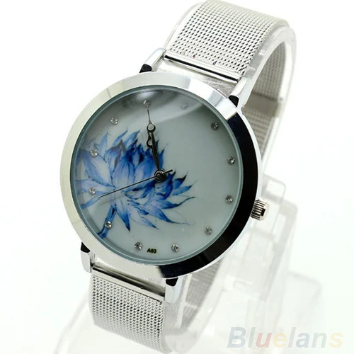 Лидер продаж Для женщин мода голубой Лотос Нержавеющая сталь Mesh кварцевые