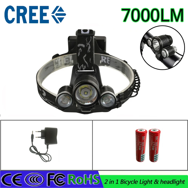 

Bike lamp 7000 Lumens XM-L T6 Head Lamp 3 LED Headlight High Power LED Headlamp 18650 battery charger Aluminum night light camp