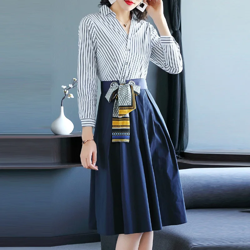 Billig Herbst Winter Kleid Womwn streifen Hemd Kleid Büro damen elegante Patchwork A linie Bandage Tunika Kleider Mit Schärpen Vestidos
