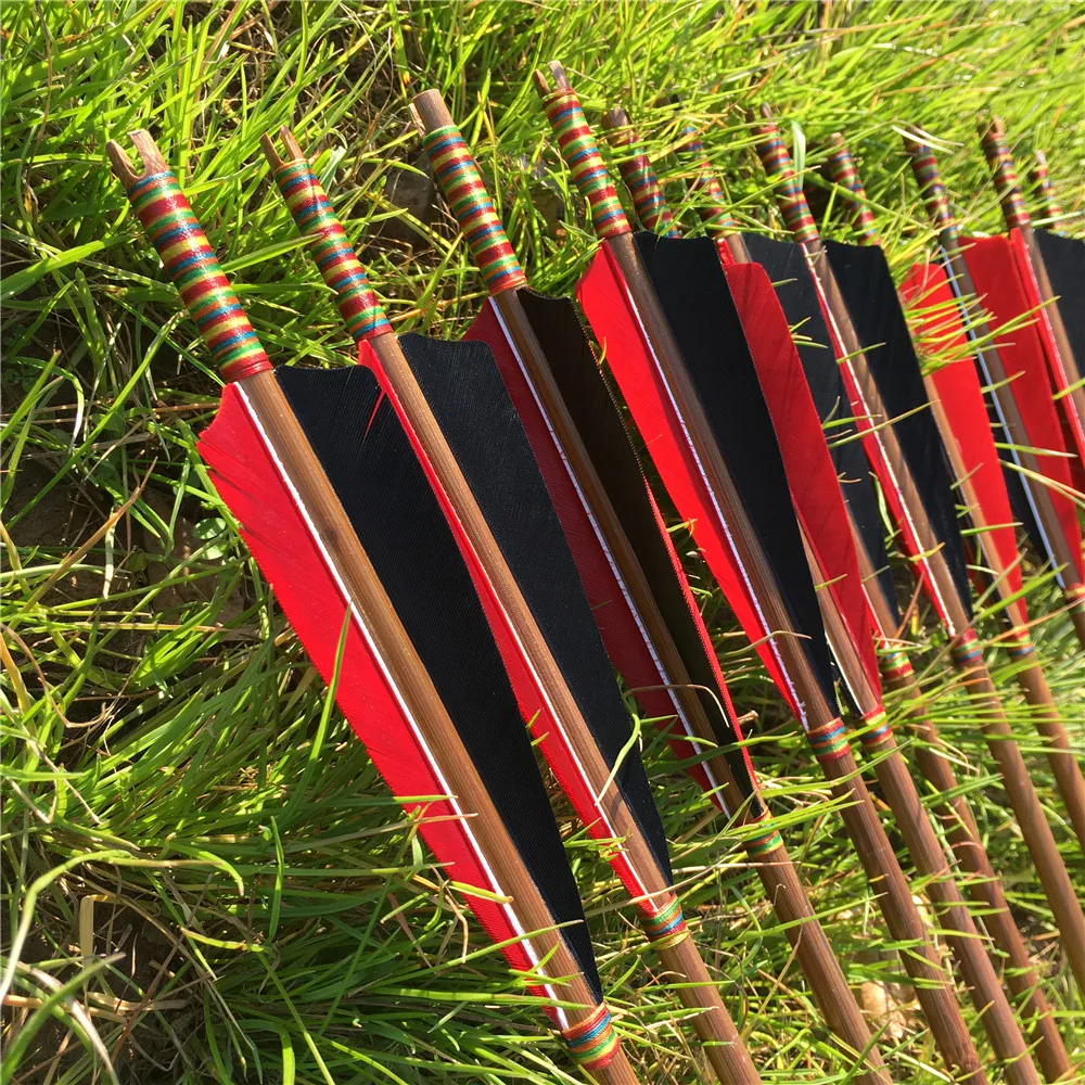 Billige 6 12 24PCS 32   Handmade Bambus Pfeile Für 20 60IBS Longbow Jagd Bogenschießen