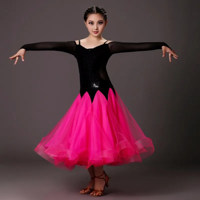 Розовые современные танцевальные костюмы для девочек дети бальный Танцы Платья для танцев стандартный бальный зал одежда для соревнований Стандартный танец платье