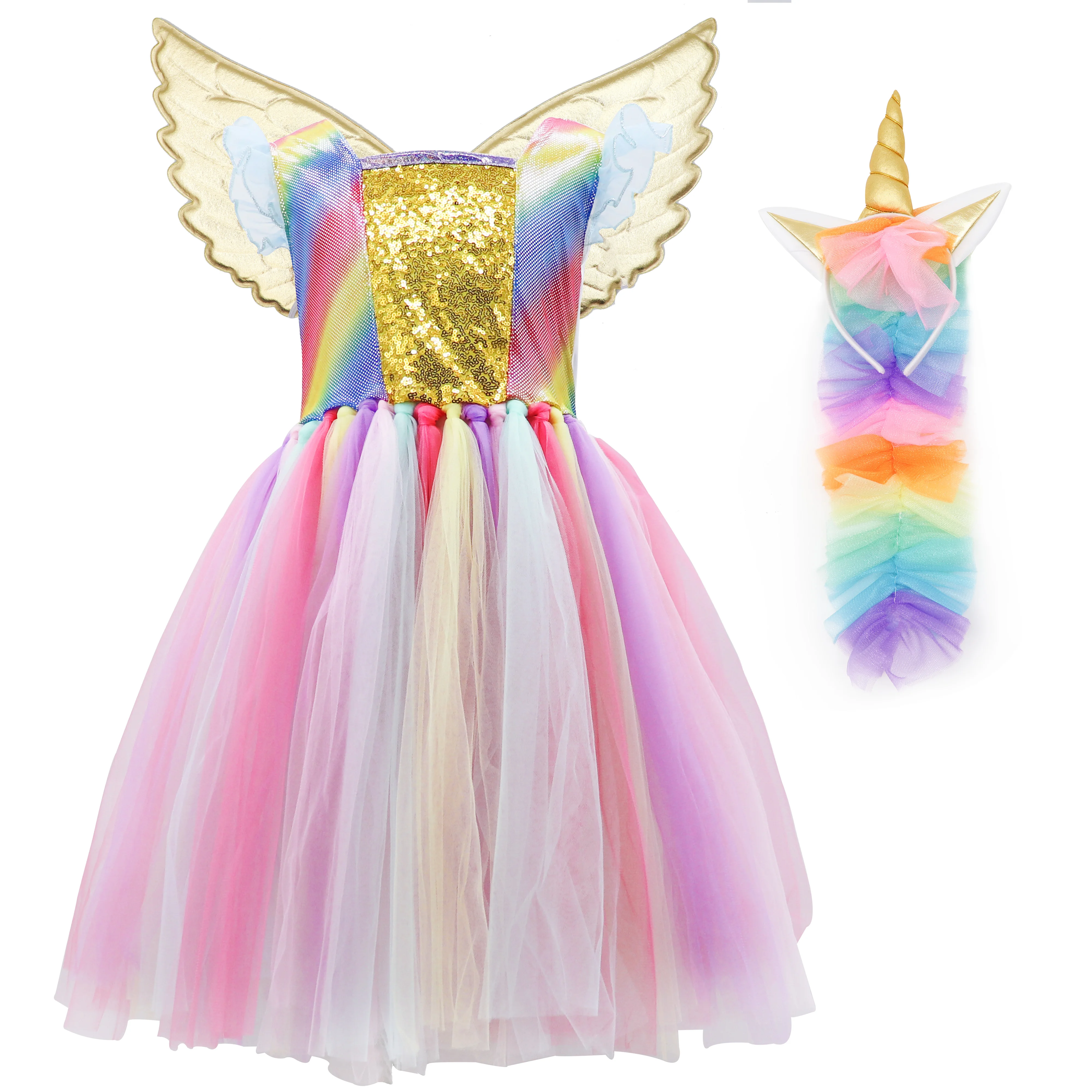 

2019 New Kids Unicorn Dress Girl Rainbow Tulle Princess Dress Up Children Birthday Halloween Party Costumes Little Girls Frocks