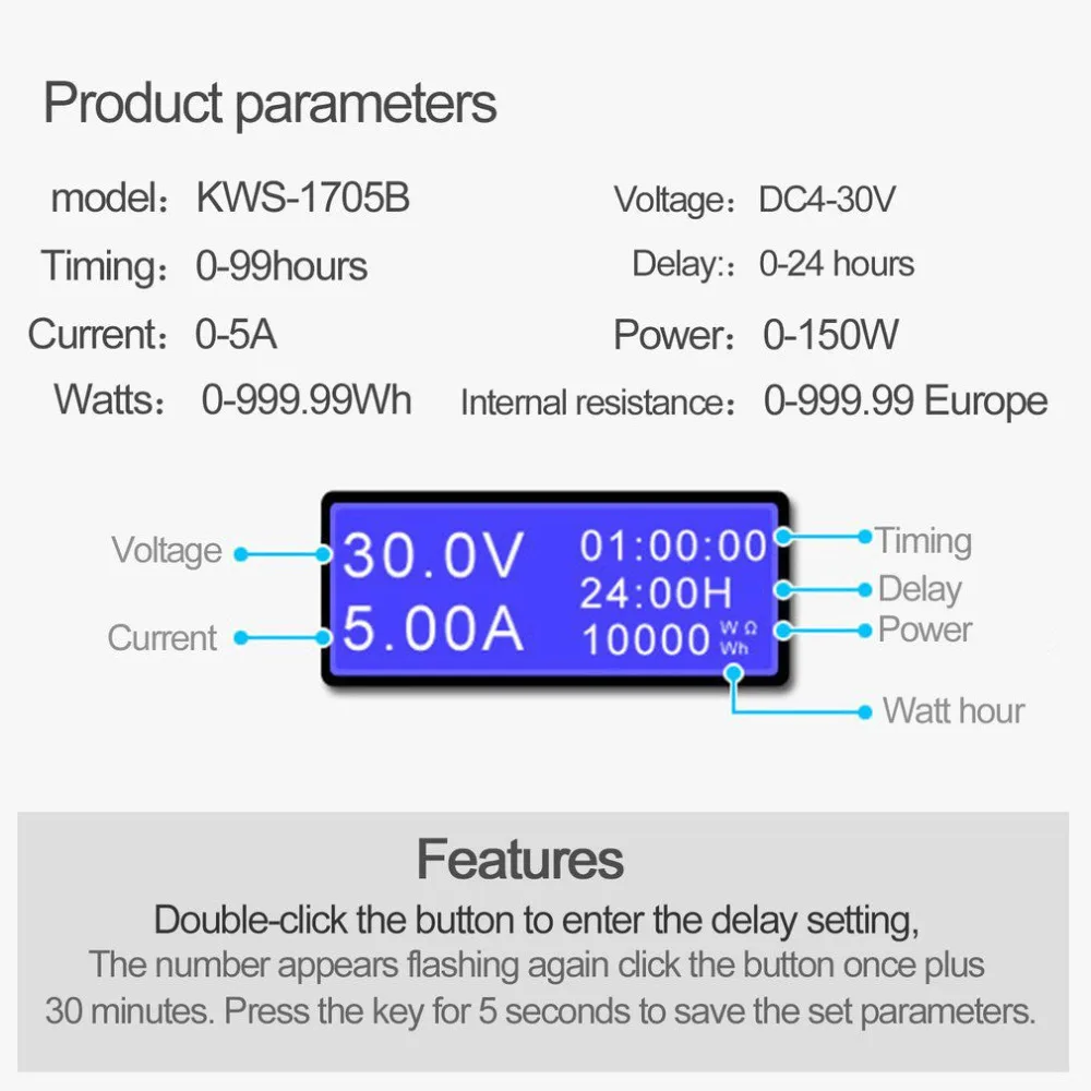 DC4-30V электроэнергии USB Емкость тестер напряжения Текущий метр монитор вольтметр Амперметр 0-5A 0-99 часов 0-150 Вт
