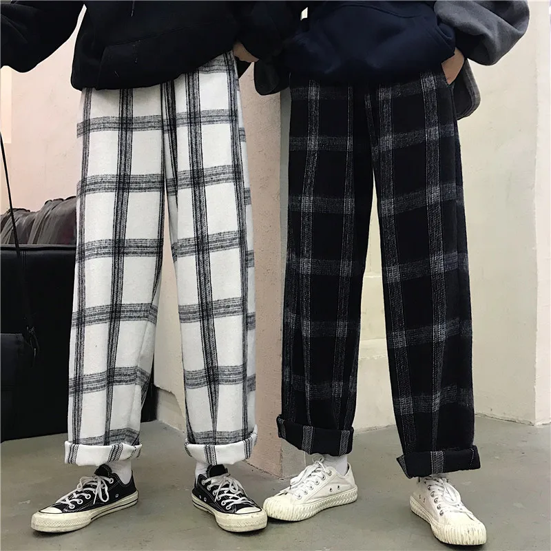 Harajuku клетчатые брюки женские зимние свободные корейский стиль прямые брюки уличная клетчатые повседневные клетчатые брюки