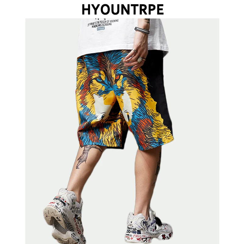 Мужские шорты в стиле хип-хоп модные Гавайские шорты с принтом волка Новые летние пляжные повседневные эластичные талия спортивная одежда уличная бегунов