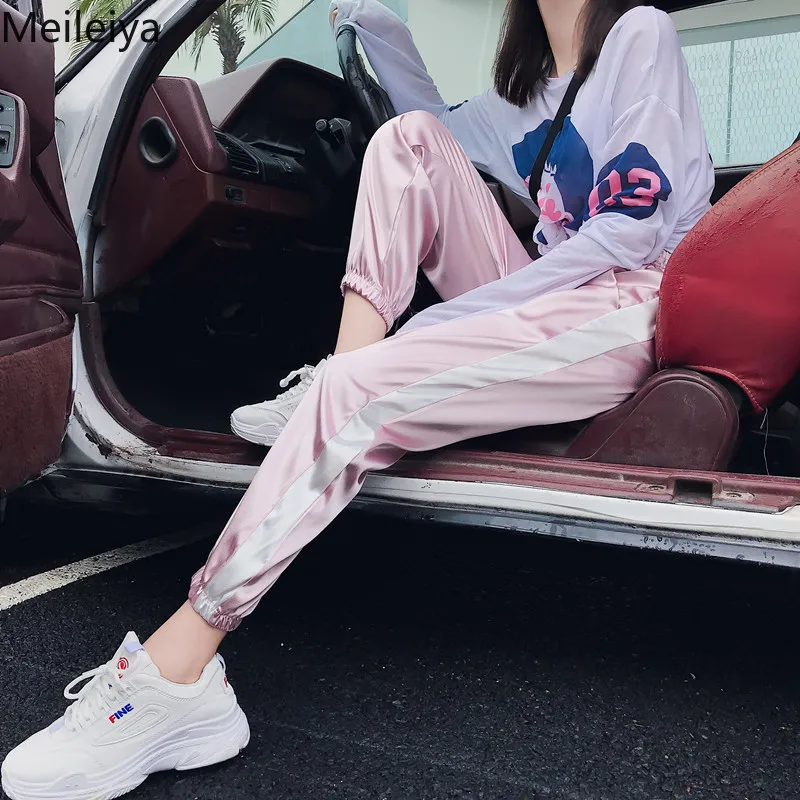 

Spring 2019 Side Striped Harem Pants Women Elastic High Waist Sweatpants Joggers Women Pink&black Casual Pants Trousers Women