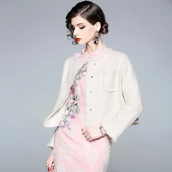 

Short Jacket Women 2019 Autumn New Ladies Solid Color Round Neck Wrist Length Sleeves Tweed Chic Lady Coat Female S-XL