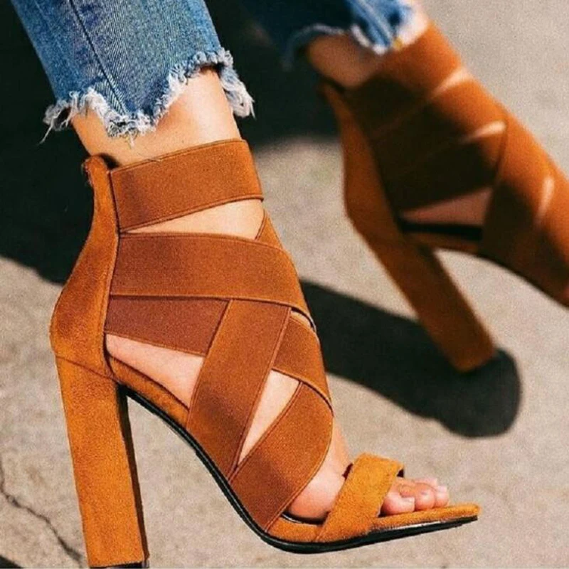 

Cover Heel Sexy High Heels Sandals Women Summer 11.5CM Square Heel Flock Ladies Shoes Ankle Wrap Elastic Band Platform Sandals