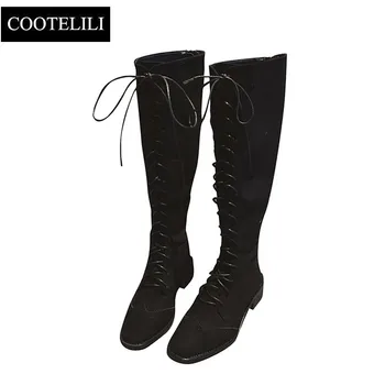 

COOTELILI Fashion Knee High Boots For Women Rubber Shoes Women Lace-Up Brogue Boots Women Autumn Winter Ladies Shoes 35-39