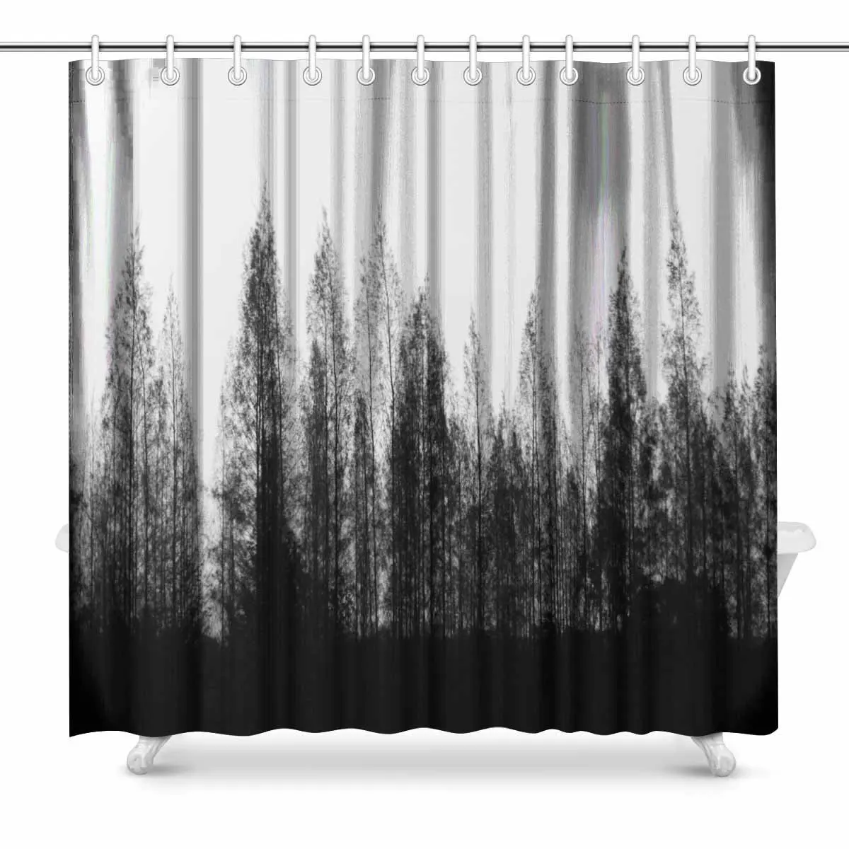 Black and White Pine Trees Row with Bright Sky Print Polyester Fabric
