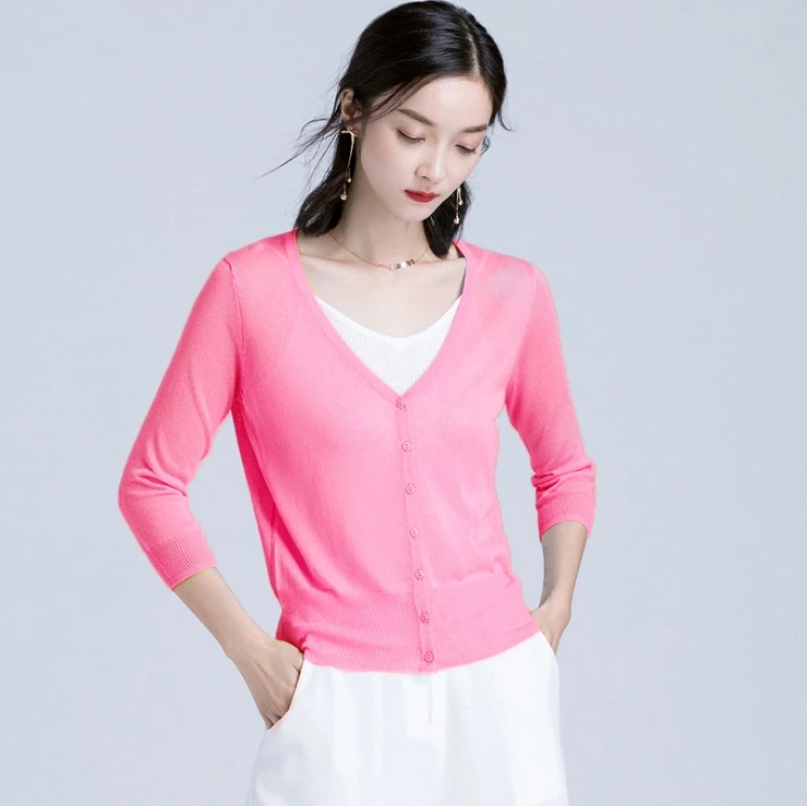 Macaron flash wire cotton thin female three quarter sleeve short design all-match knitted sunscreen air conditioning cardigan