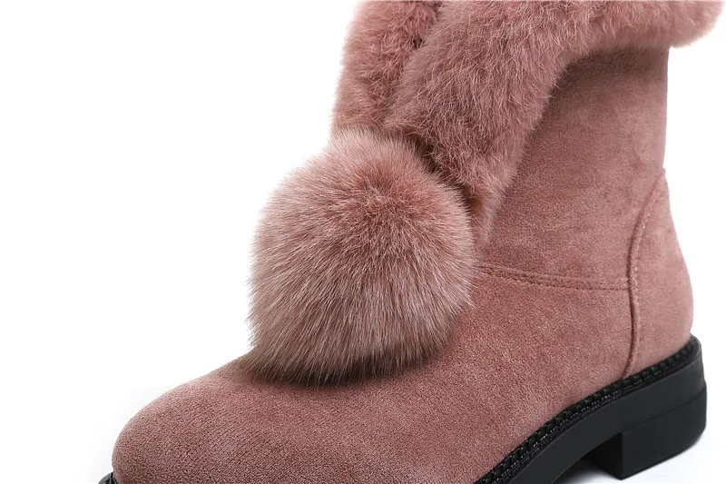 CAILASTE/женские зимние ботильоны; Теплые Меховые Туфли с помпонами из натурального Лисьего меха и кроличьего меха; нескользящая уличная модная зимняя обувь на платформе