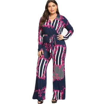 

Ladies Sexy 3D Printing Jumpsuit V-Neck Plus Size Long-Sleeved High Waist Tie Wide Leg Jumpsuit Trousers