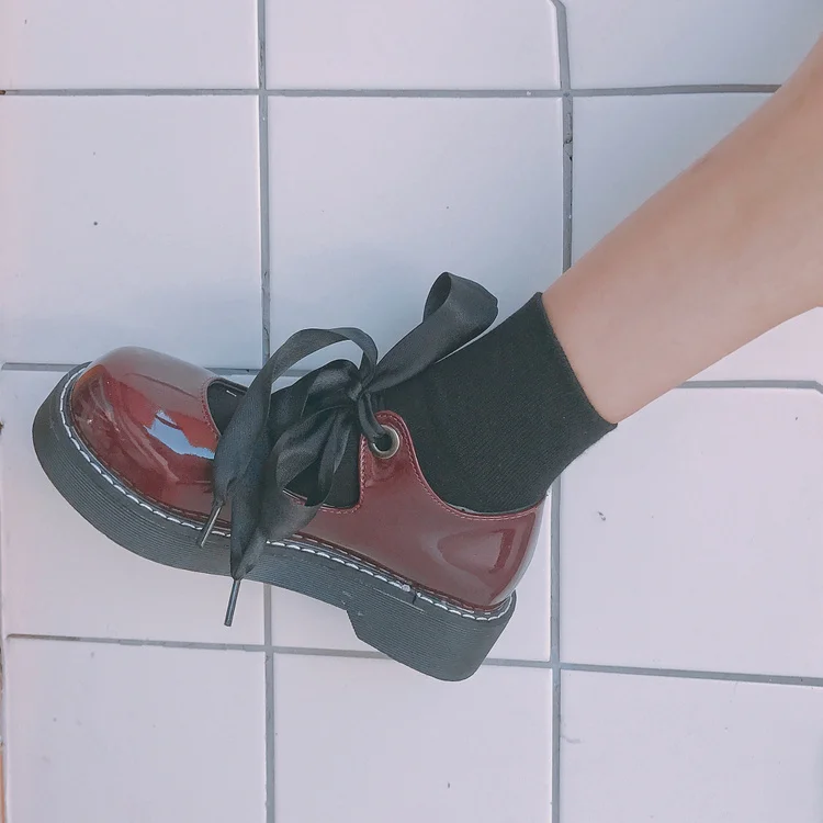 

Japanese Korean Harajuku Style Mori girl leather shoes Lolita Heavy-Bottomed Round Head Ribbon Student JK Uniform Lolita Shoes