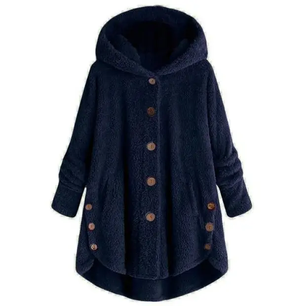 Winter New Fashion Women Fleece Hooded Europe American Button Warm Hooded Irregular Solid Color Coat 10 Colors - Color: Navy Blue