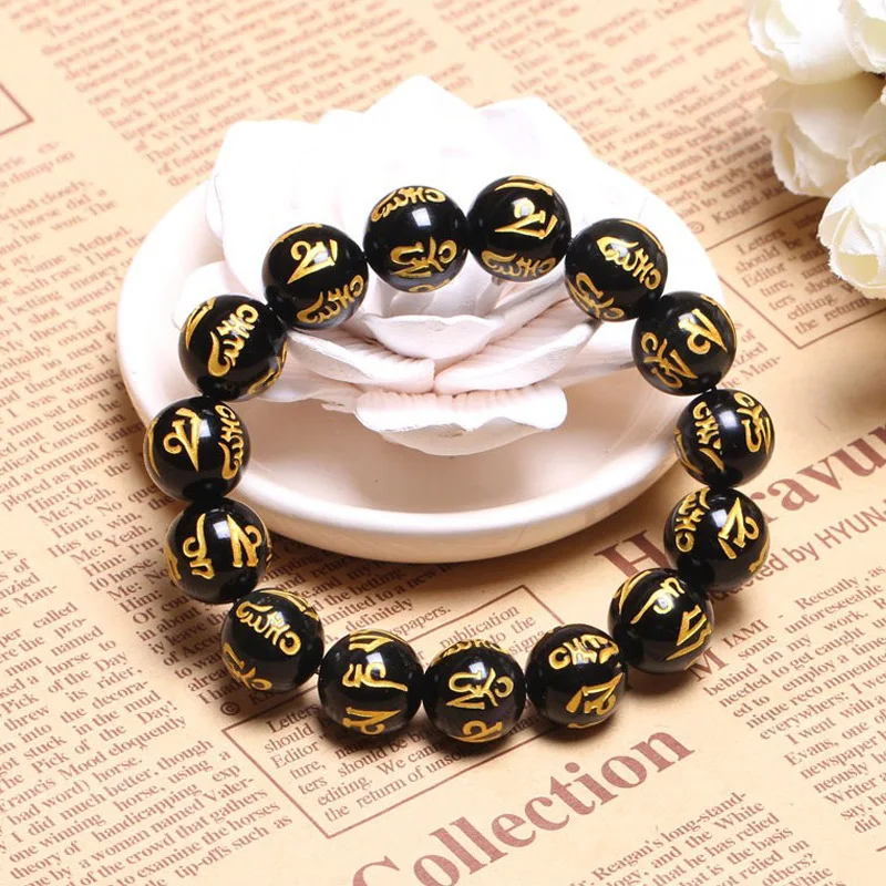 SUTI круглые черные бусины из оникса с тибетскими буддистскими шестью словами