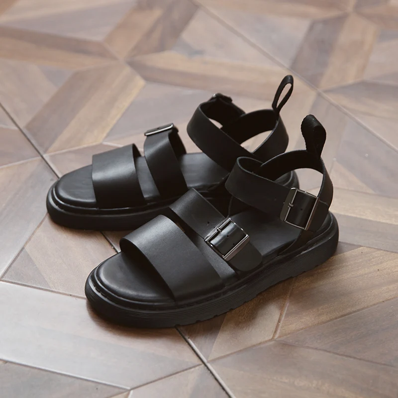 Новые летние женские черные сандалии из натуральной кожи в римском стиле, увеличивающие рост Модные дышащие пляжные сандалии унисекс