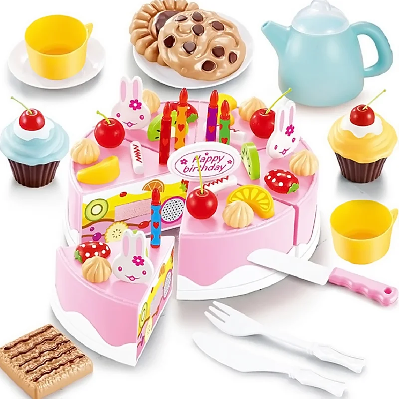 

54 PCS DIY Cutting Happy Birthday Fruit Cake Cookies Drink Food Kitchen Play Cutting Tools Knifes Toys Set for Girls Kids