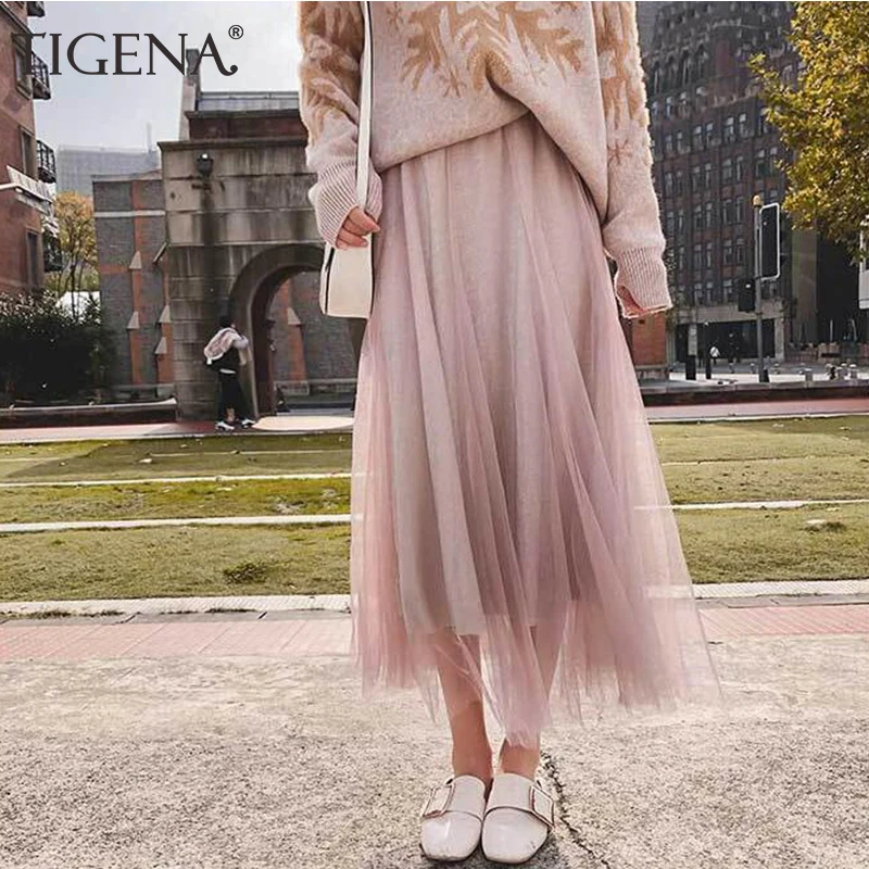 

TIGENA Long Tulle Skirt Women 2019 Summer Korean Fashion Shiny High Waist Pleated Skirt Female Black Pink School Holiday Skirt