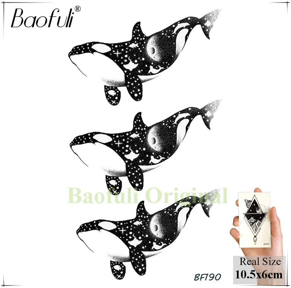 Baofuli КИТ Galalxy рыба черный Дельфин океан Временные татуировки Стикеры Для женщин Для мужчин поддельные татуировки Body Art рук