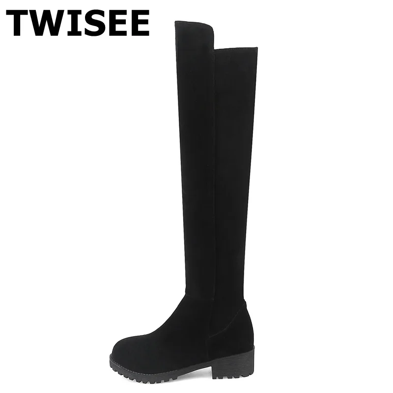 

TWISEE Flat Boots Women Winter Boots Flock Black Knee High Boots Round Toe Over-the-Knee Boots